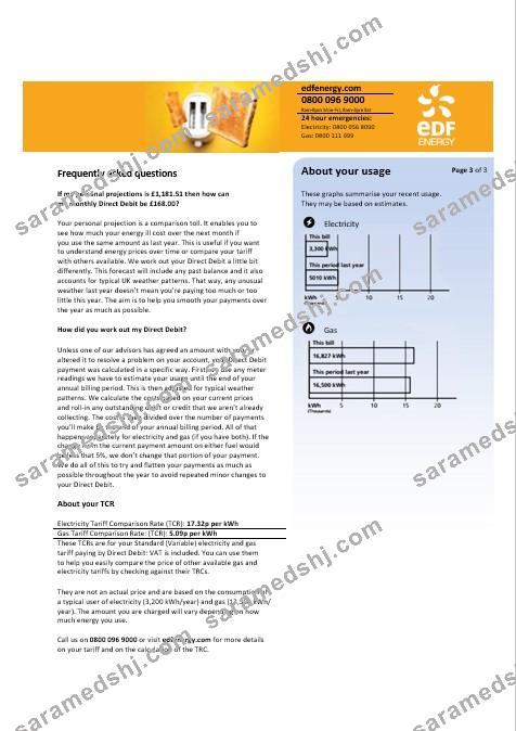 United Kingdom EDF business utility bill template in Word and PDF formats, 3 pages 3